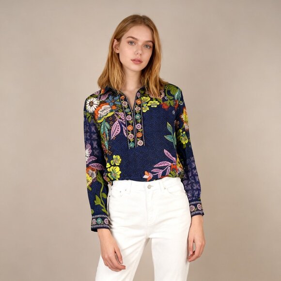 NWOT John Mark Floral Embroidered 3/4 Cuff Sleeve Top Blouse Shirt XS - Picture 1 of 13